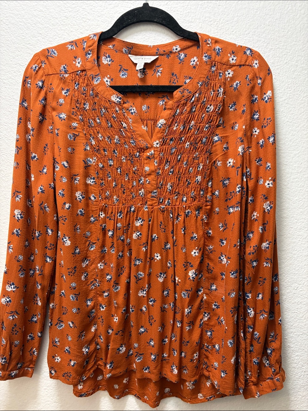 Lucky Brand Orange Floral Smocked Peasant Blouse